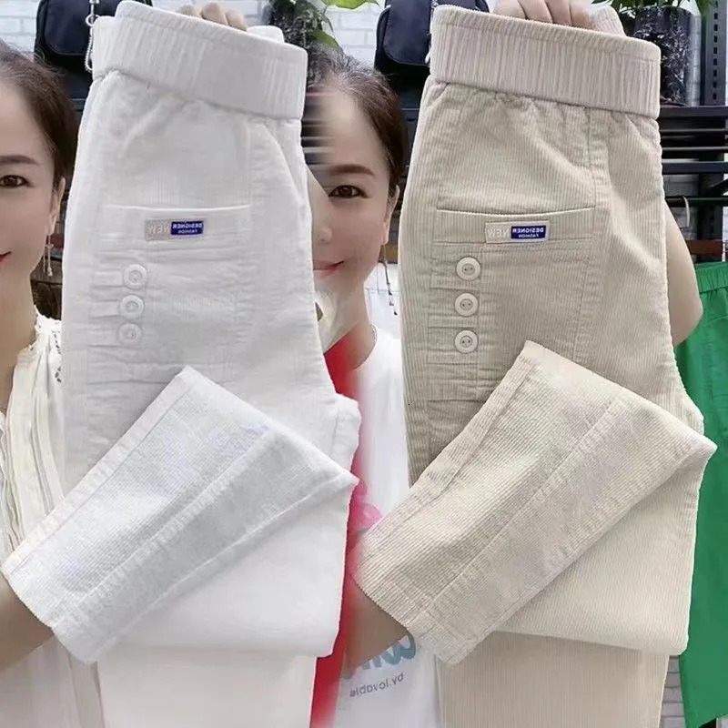 Elegant womens streetwear Korean fashion casual pants solid Corduroy Harlan button pocket autumn and winter 250324Z