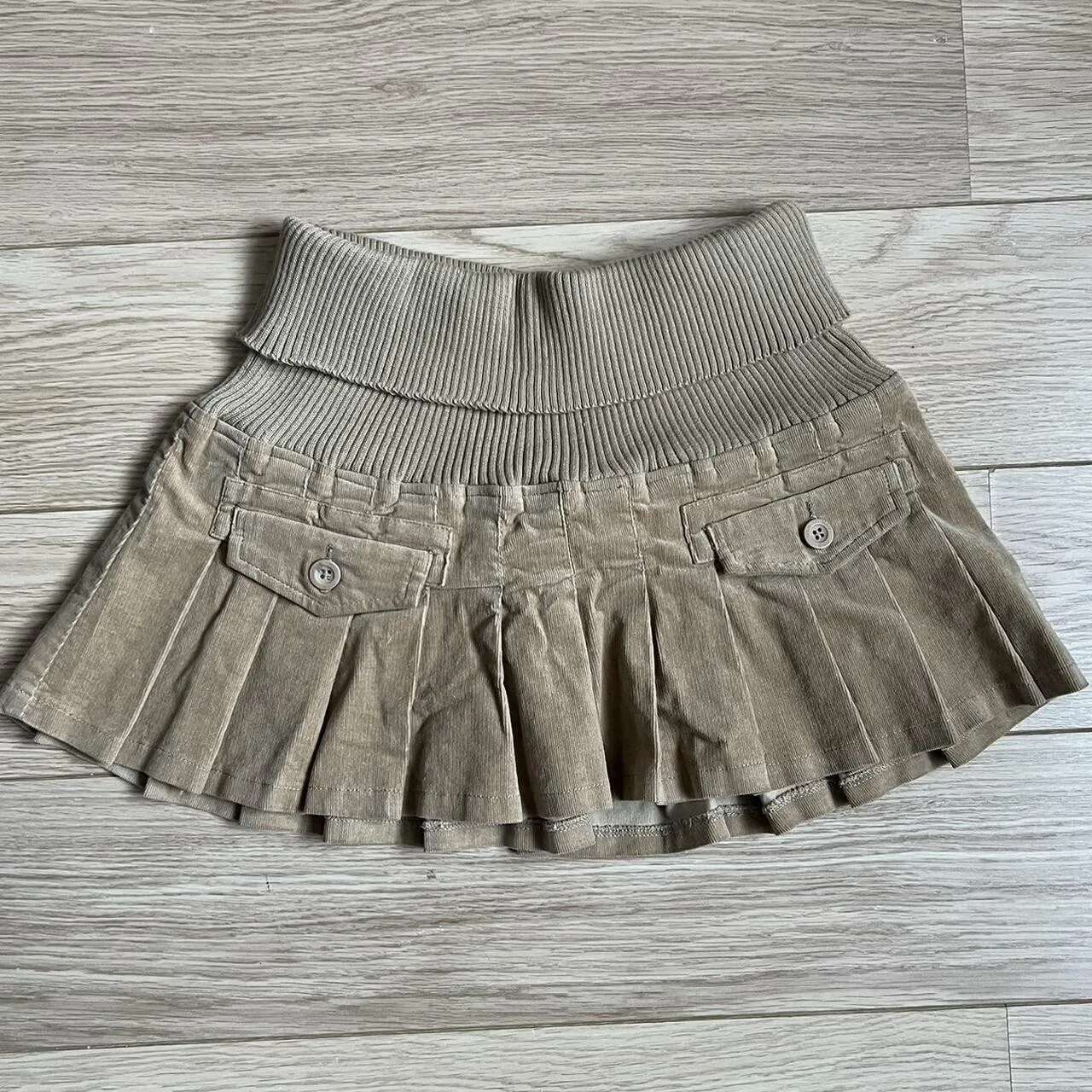 Y2k Ribbed Stretchy Waistband Mini Gothic Pleated Womens Haruku Autumn Winter Retro Apricot Black High Waist Skirt
