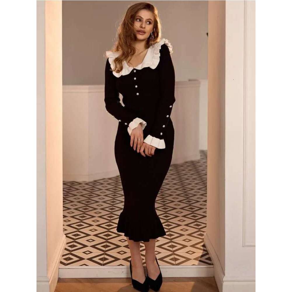 Tossy Ruffled Patchwork Knit Maxi For Women Elegant Ribbed Sleeve Party Gown Slim Knitwear Fashion Long Dress