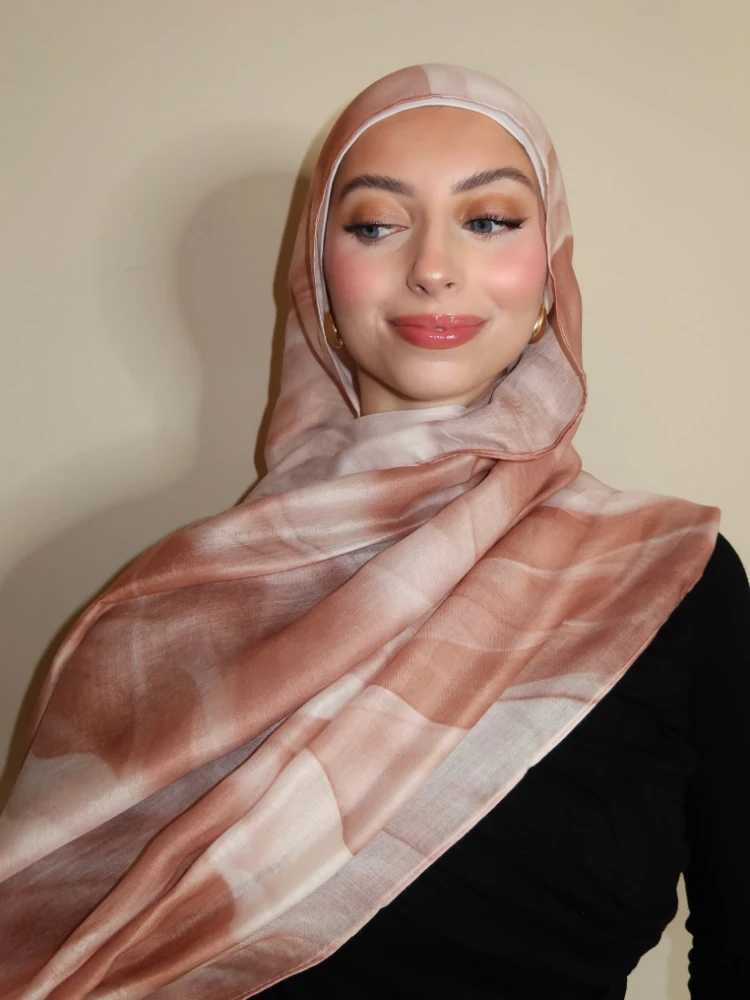 Ocean Abyss Printed Headscarf Breathable Lightweight Soft Cotton Artificial Silk Adhesive Weaving Muslim Yarn Watercolor Flower Scarf X250324