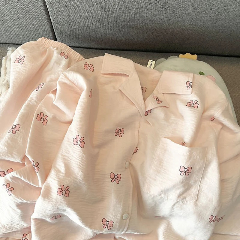 Bow print sweet and cute pajama set Korean two-piece womens pajama set Kawaii Year casual pajama home wear 250321