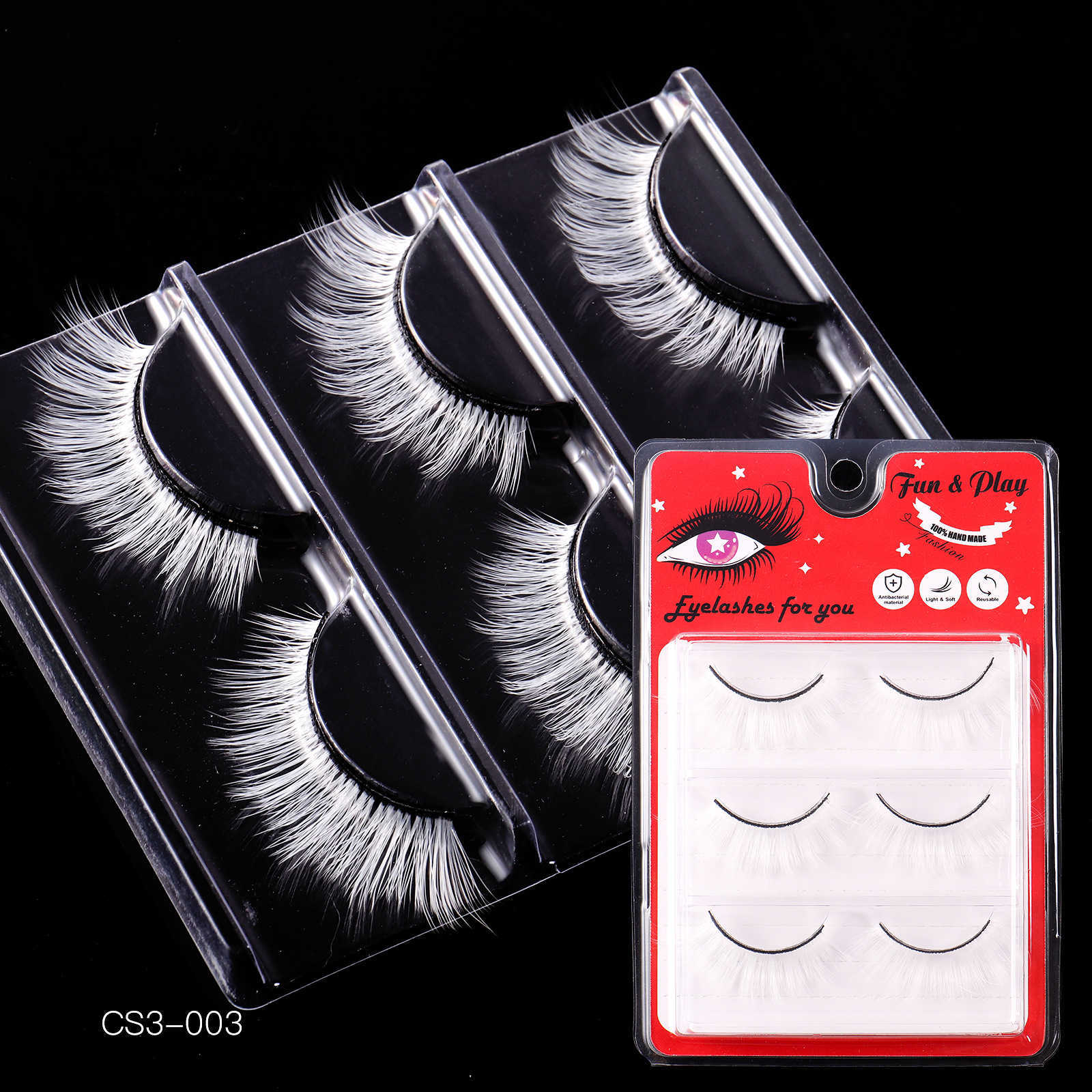 New Exaggerated Holiday Style White False Eyelash 3-Pair Set Long Short Synthetic Eyelash W250324