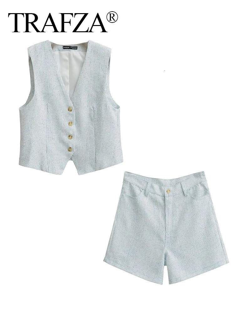 TRAFZA Womens Casual Striped Tank Top Short 2024 Elegant Vneck Single Chest Pocket TopHigh Waist Weight Loss Street Set 250322