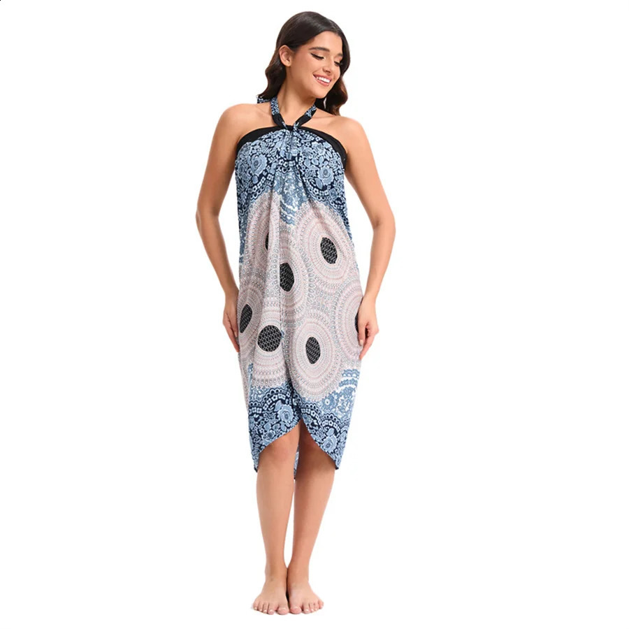 Womens Bohemian Maxi bag long sleeved lace up beach cover dress retro adjustable high waisted holiday synthetic silk 250324