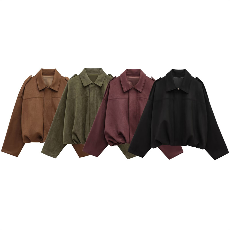 2025 Spring Casual Women's Clothing Fashion Bat Sleeve Collar Suede Texture Effect Pilot Jacket Solid Color Decoration