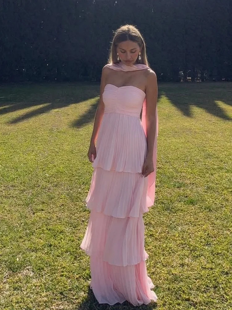 Sexy Pink Scarf Collar Shoulder Fold Edge length Dress Fashionable Sleeveless High Waist Long Party Evening 250324