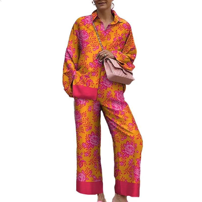 Autumn Loose Vintage Printed Pant Sets Women Long Sleeve Shirts And Wide Legs Trousers Two Piece Set Fashion Streetwear 250324