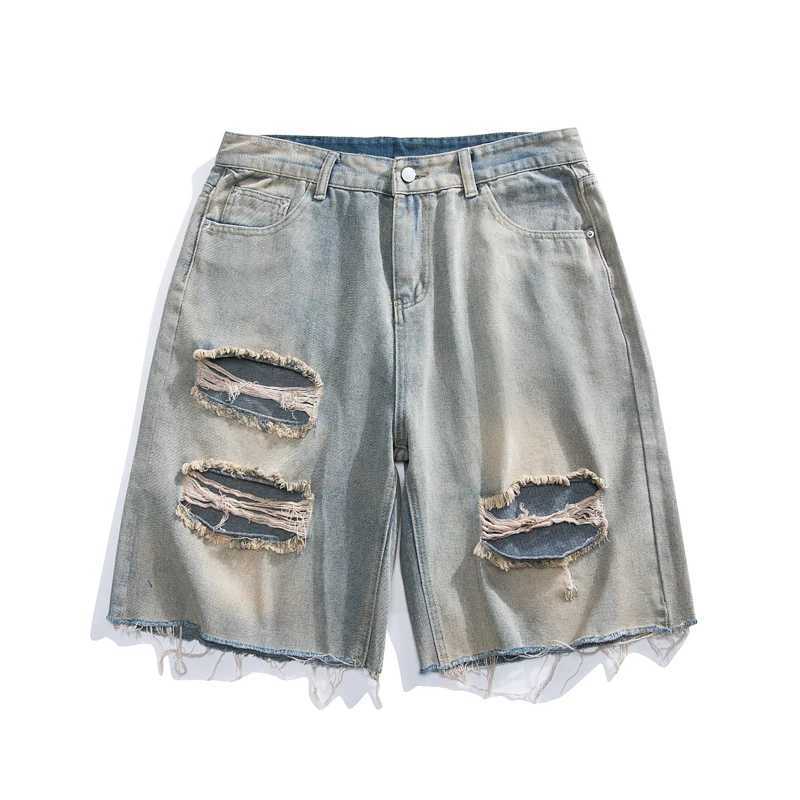 New Summer Straight Ripped Mens Baggy Jeans with Holes Korean Fashion Casual Loose Denim Shorts Male Streetwear Y2k Clothing T250603
