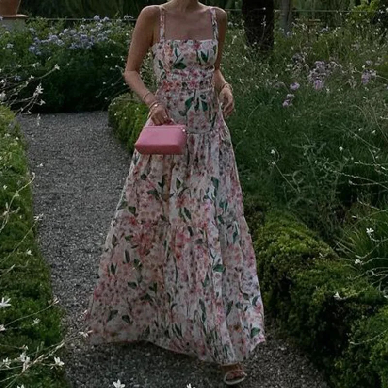 Flower print high waisted long dress summer hollow sleeveless garden party dress sexy shoulder hanging beach dress 250319