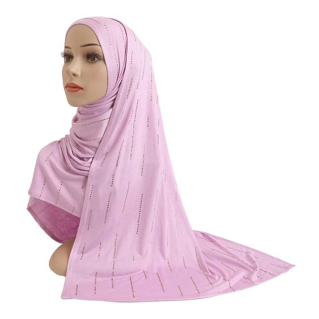 H205 Modal Cotton Jersey Soft Long Scarf with Rhinestone Rectangular Headscarf Womens Scarf Shawn Hood X250324