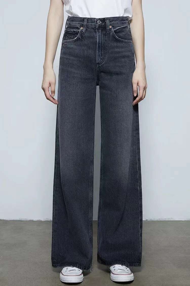Women's Street Fashion Black Blue Long Jeans High-Waist Non-Elastic Wide Leg Flare Denim Trousers