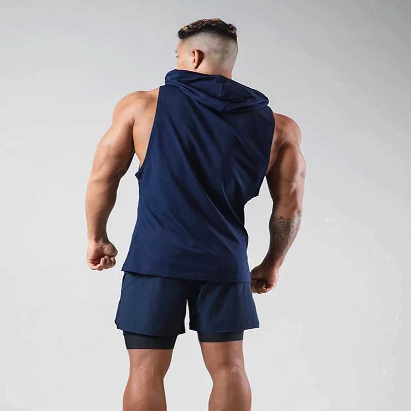 Mens sports hoodie vest bodybuilding muscle cut T-shirt sleeveless fitness hoodie X250324