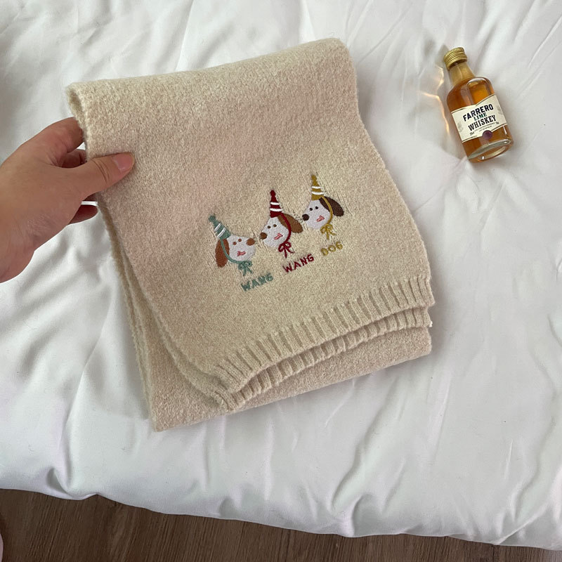 K214 Good fortune and prosperity~Cartoon anime embroidered naughty puppy scarf for winter warmth, student scarf for girls, Korean