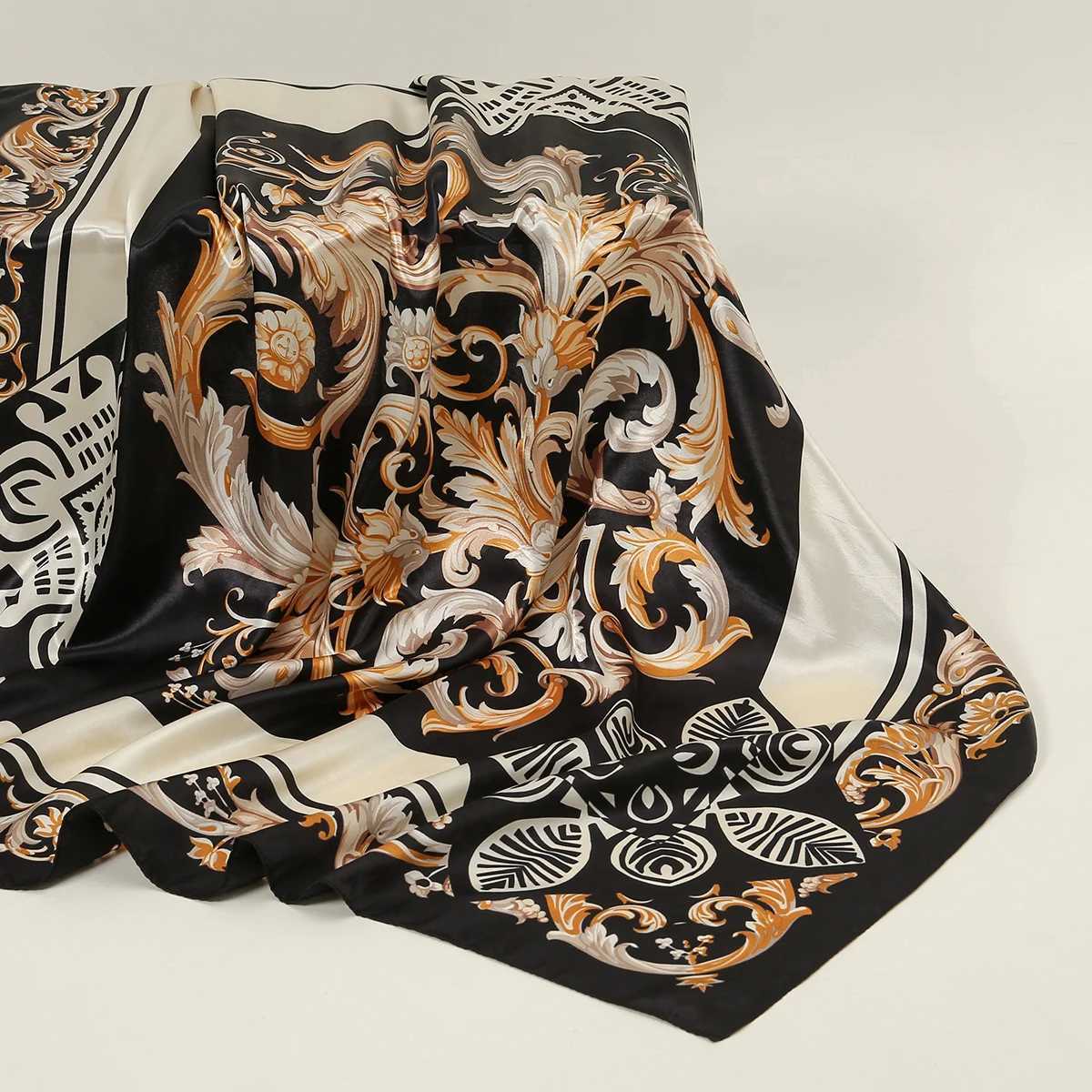 90 * 90cm Square Scarf Silk Ribbon Headscarf Black Printed Tape Packaging Fem Womens Travel Turban 2024 Muslim Headscarf X250324