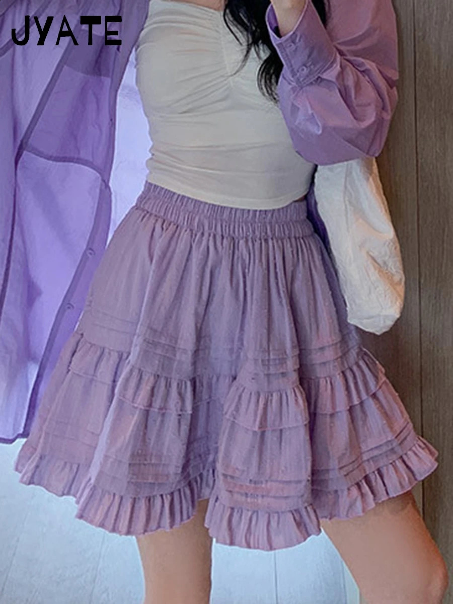 Purple Ruffle Cotton Mini Skirt Womens Summer Casual Streetwear High Waist Aline Short Faldas Sweet Retro Cute Y2K Skirts 250324