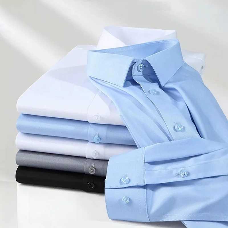 Bamboo fiber wrinkle resistant mens shirt long sleeved dress slim fit Camiza social business shirt white shirt blue S-8XL X250324