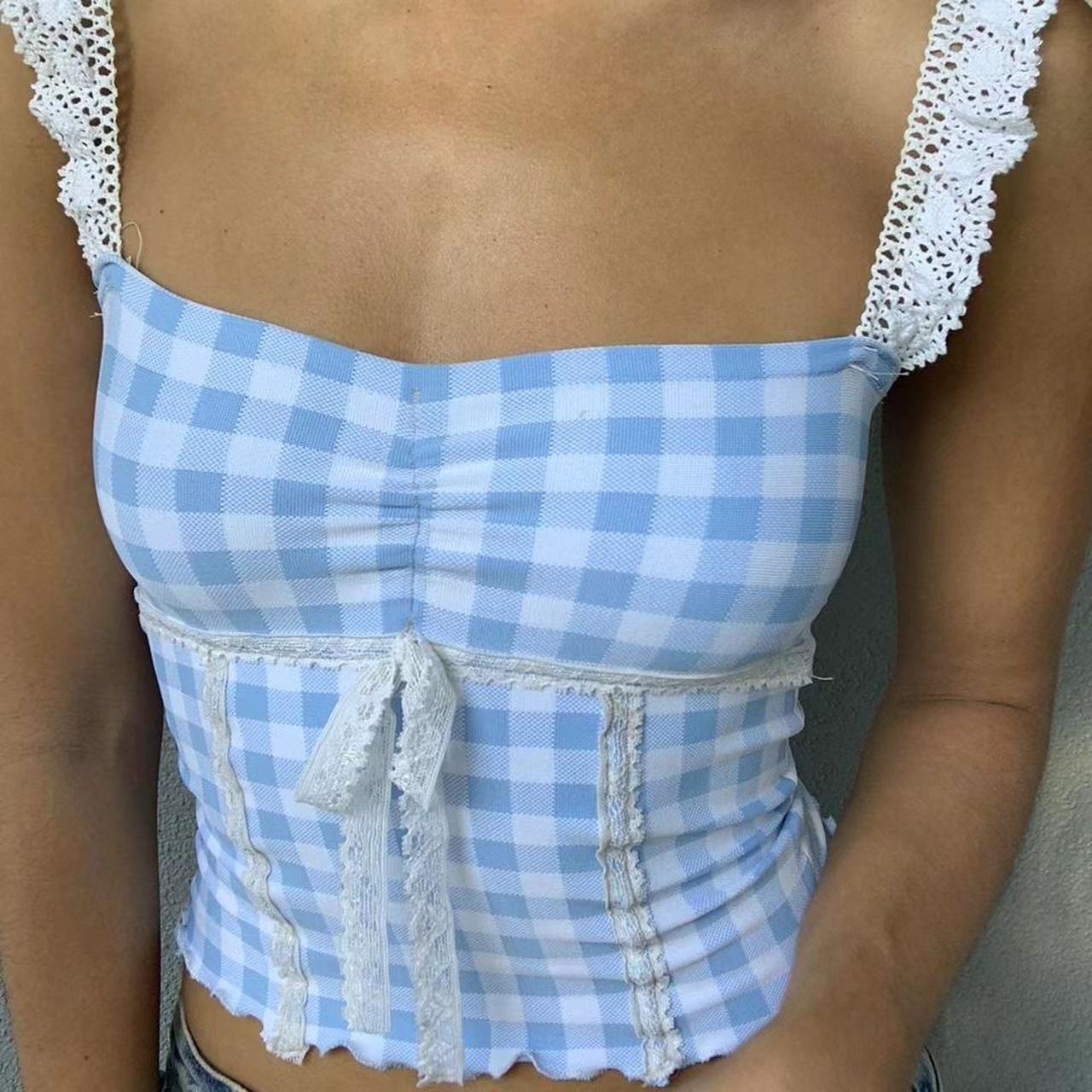 2025 New Designer Splicing Lace Small Strap Casual Age Reducing Outdoor Slimming Beach Short Fashion Checkered Tank Top