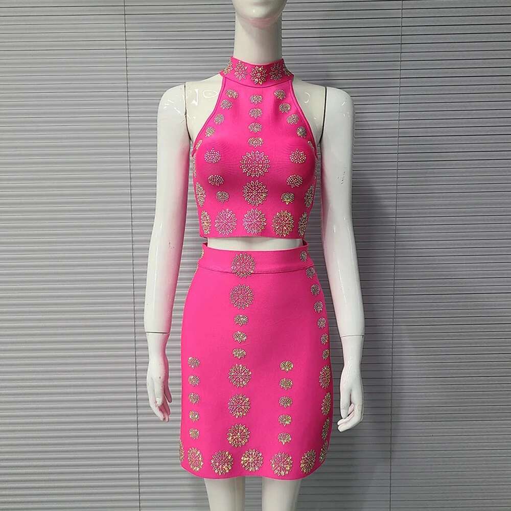 Summer Women's High Quality Fashion Sexy Dia Sleeveless Short Top+Dress Black Bandage Two Piece Set