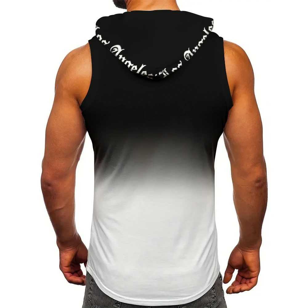 2025 new mens printed T-shirt hooded sleeveless fitness 3D printed Los Angeles sports vest casual ultra-thin breathable mesh T-shirt X250324