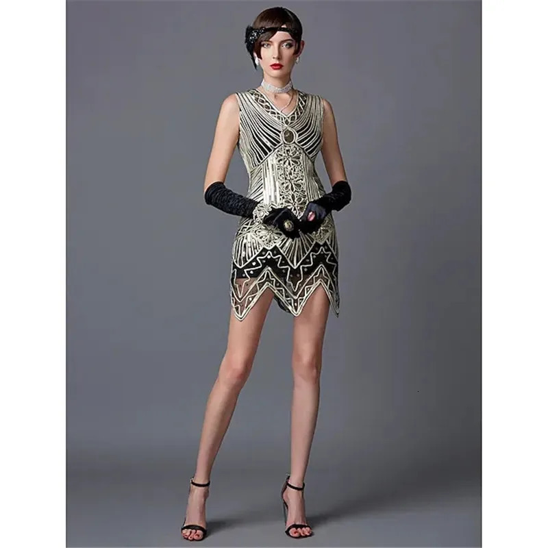 1920s womens sequined triangular hem dress sleeveless gold ed tassel Gatsby party plus size 250320