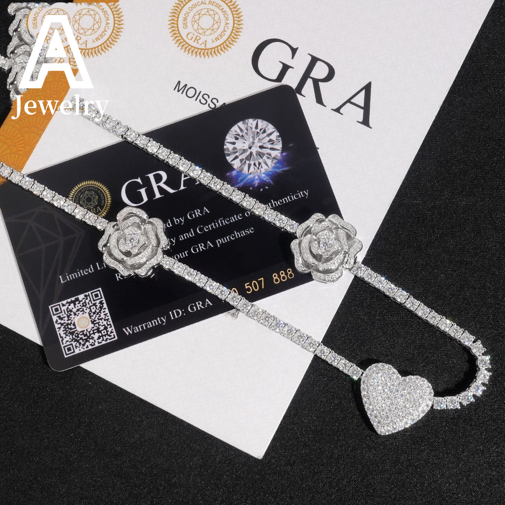 3mm Custom Moissanite Tennis Chains Rose Flower and Heart Shape Charm Necklace 925 Silver Moissanite Diamond Tennis Necklace