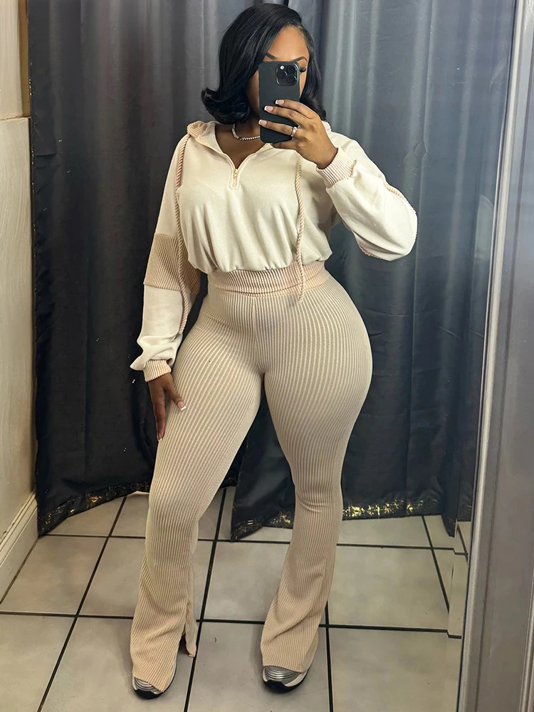 Spring Fall Knit Ribbed Women Long Sleeve Hooded Patchwork Sweatshirts Tops And Flare Pants 2 Piece Sets Jogger Outfit Tracksuit