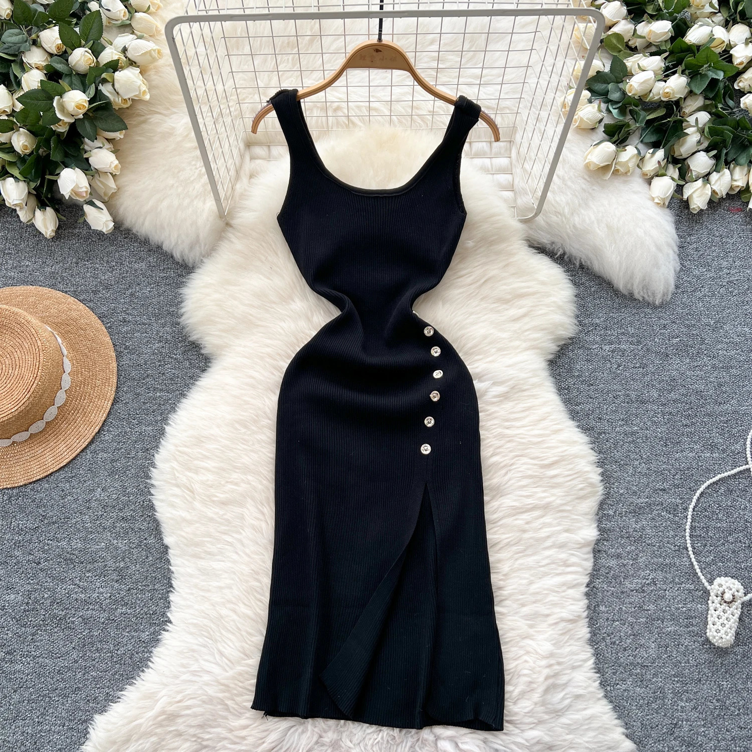 Summer Elastic Sexy Bag Hips Knitted Long Dress Womens Split Party Dress Street Dress Vestidos 250318