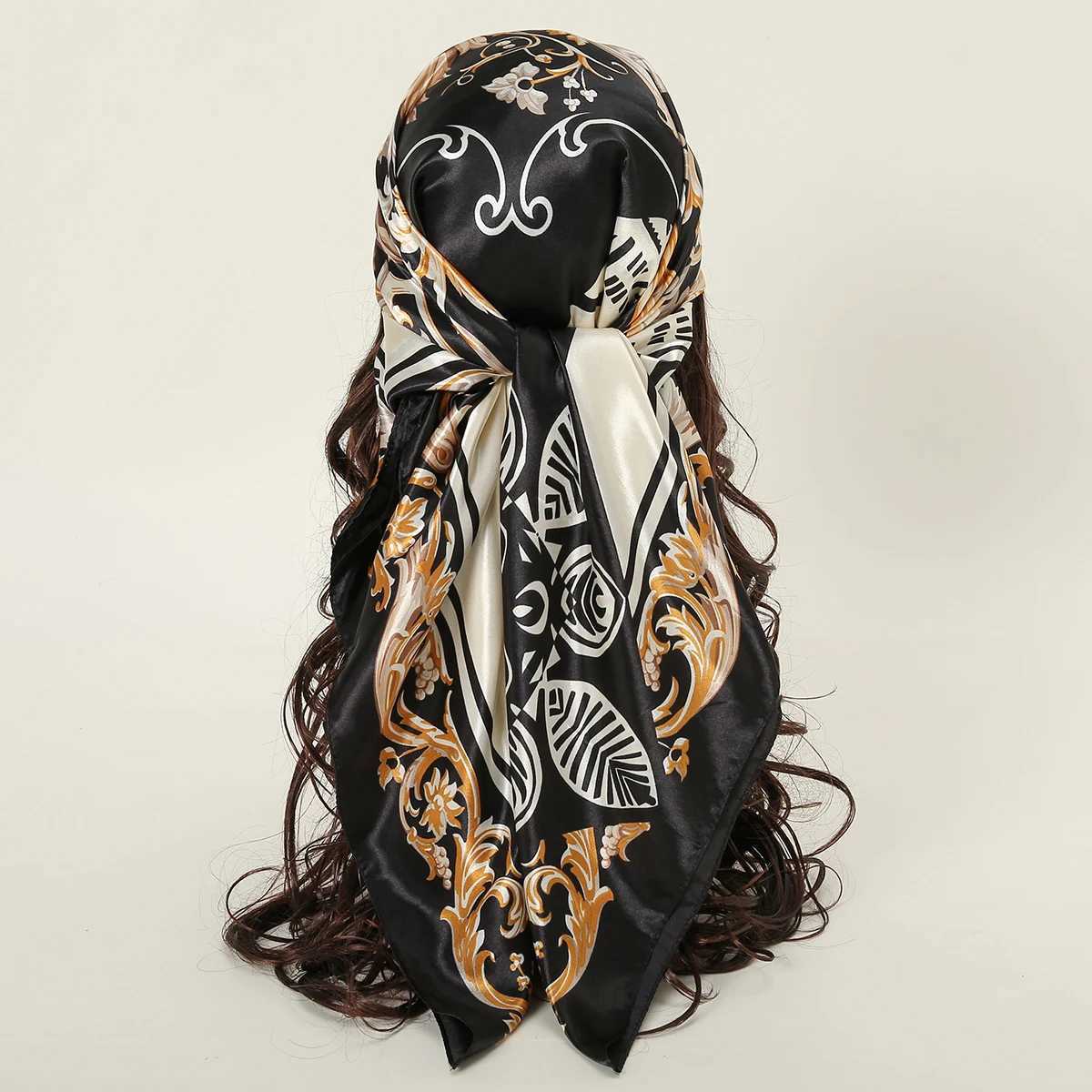 90 * 90cm Square Scarf Silk Ribbon Headscarf Black Printed Tape Packaging Fem Womens Travel Turban 2024 Muslim Headscarf X250324