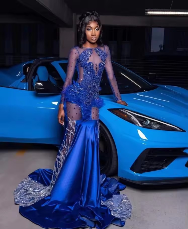 Royal Blue African Mermaid Prom Dress customsized Long Sleeve Crystal Dia Feather Black Girl Evening Gown vestidos de gala