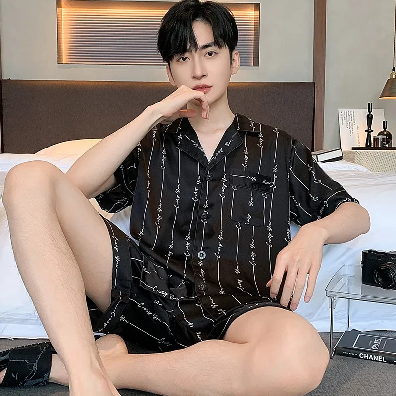 High Quality Mens Pajamas Suit Summer Short Sleeve Ice Silk Sleepwear Set Day Shorts Thin Youth Home Clothes Plus Size Male 250321
