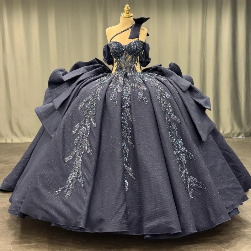 Black Princess Quinceanera Dresses Sequin Appliqued Lace Beading Tull Bow Sweet 16 Dress Sweetheart Off Shoulder Ball Gown Vestidos 15 Anos