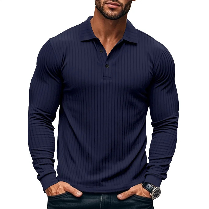 Casual Mens Polo Shirt Solid Color Button Long Sleeve Tshirts Business Tee Fashion Clothing Stretch Breathable 250311