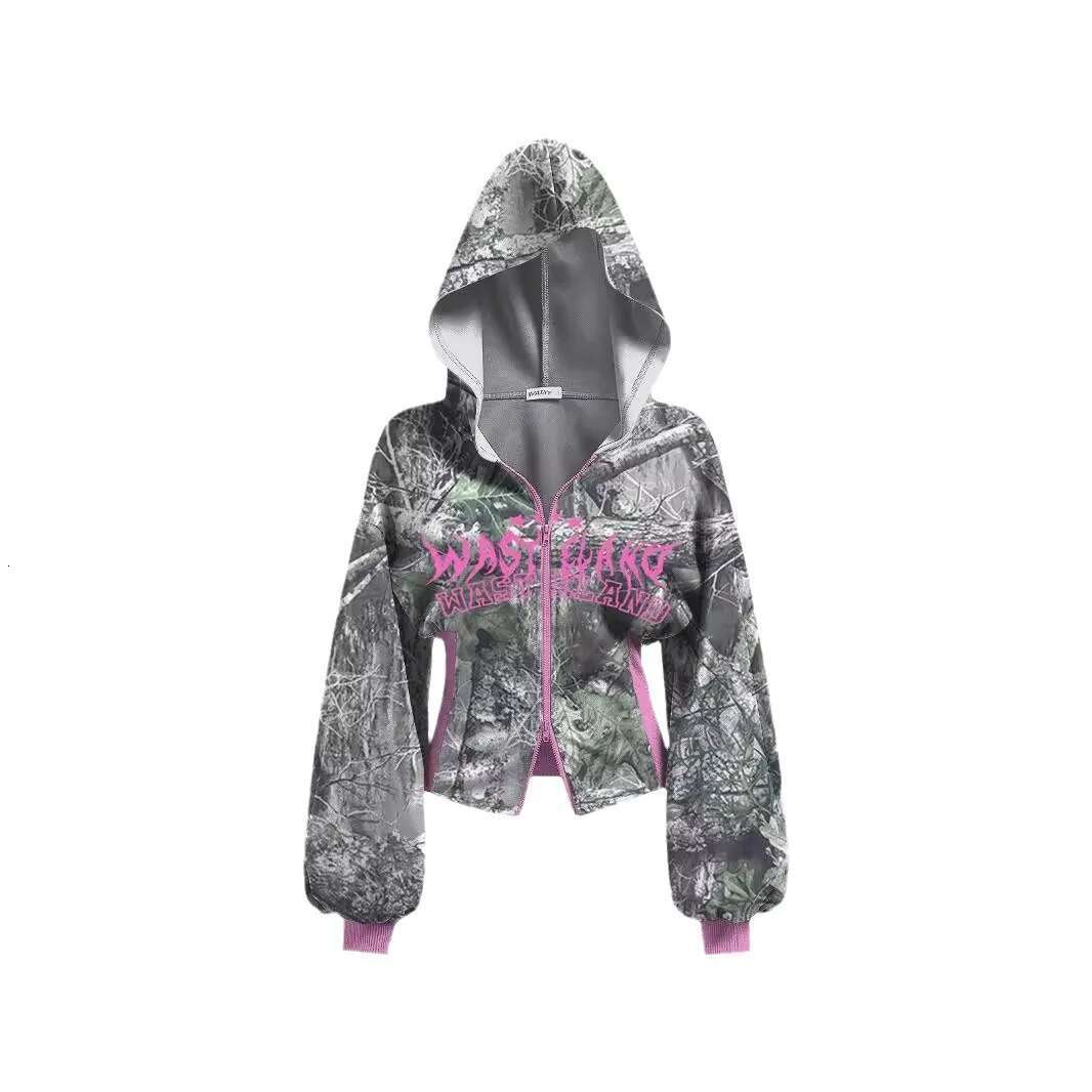 2025 American Camouflage Printed Skirt Personality Joint Hoodie New Trendy Waist-Closing Casual Zipper Loose Sweatshirt
