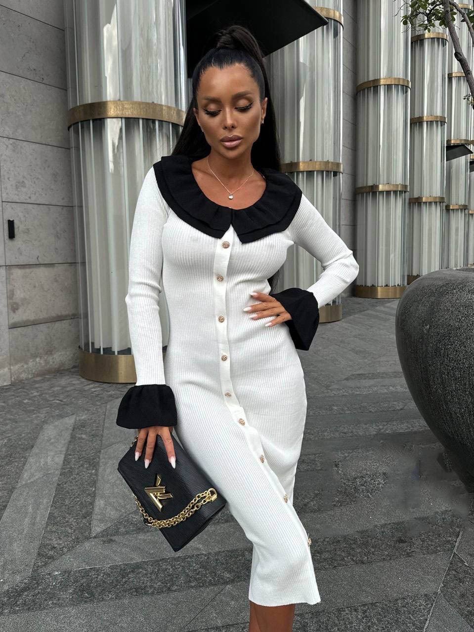 2024 Autumn/Winter New Knitted Woolen Women's Fashion Splicing Color Contrasting Tight Skirt Elegant Temperament Dress