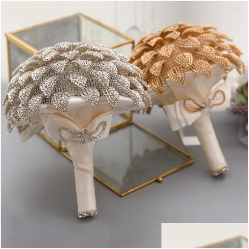Wedding Flowers Luxury Silver Crystal Flower Bouquet Decoration Elegant Bridal Rhinestone Drop Delivery Ots19