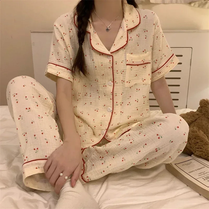 Summer Cotton Printed Short Sleeve Pants Pajama Set for Womens Pajamas Home Pajamas Non Printed Pajamas 250321