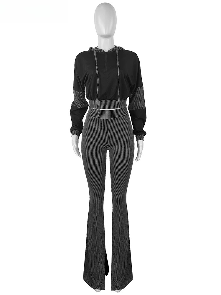 Spring Fall Knit Ribbed Women Long Sleeve Hooded Patchwork Sweatshirts Tops And Flare Pants 2 Piece Sets Jogger Outfit Tracksuit