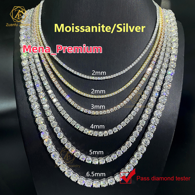 D VVS White Moissanite Hip Hop Chain 925 Sterling Silver 2mm 3mm 4mm 5mm 6.5mm Iced Out Moissanite Tennis Chain Necklace for Men