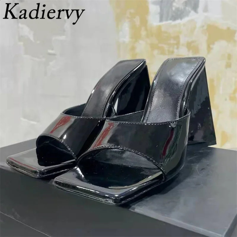 Square Heels Slipper Woman Satin Square Peep Toe Sandals Woman Summer Mules High Heels Runway Shoes Modern Slippers Women 250322