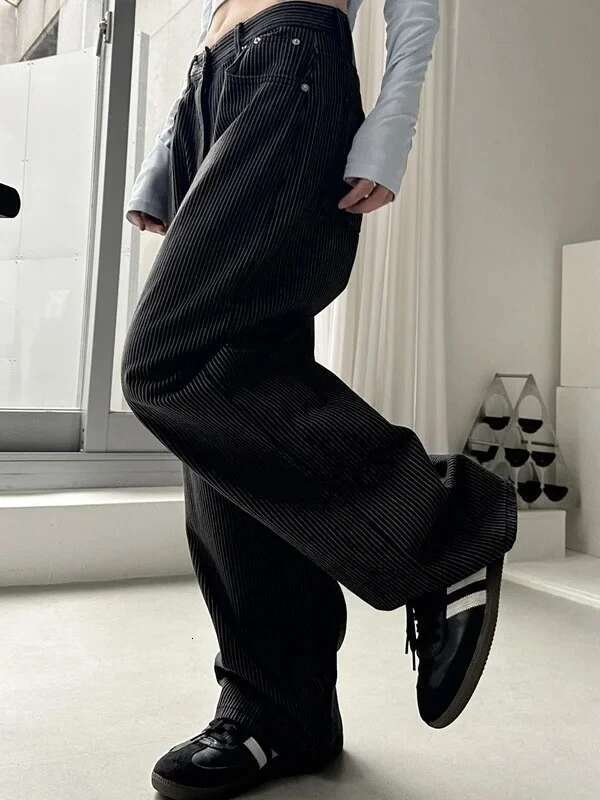 Vintage Vertical Striped Y2k Clothes Womens Haruku Retro Baggy Jeans Fashion Casual High Waist Slim Fit Trousers