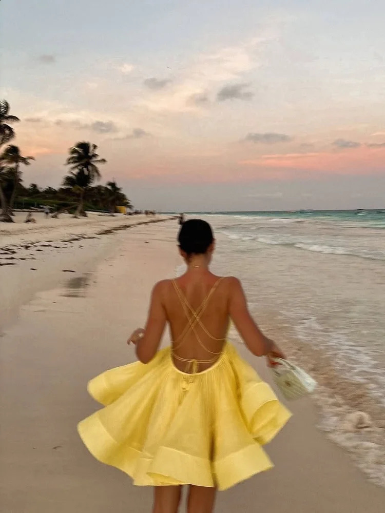 Sexy Backless Lace-up Loose Pleated Hem Mini Dress Women Sleeveless High Waist A-line Dresses 2025 Yellow Vocation Partywear 250322