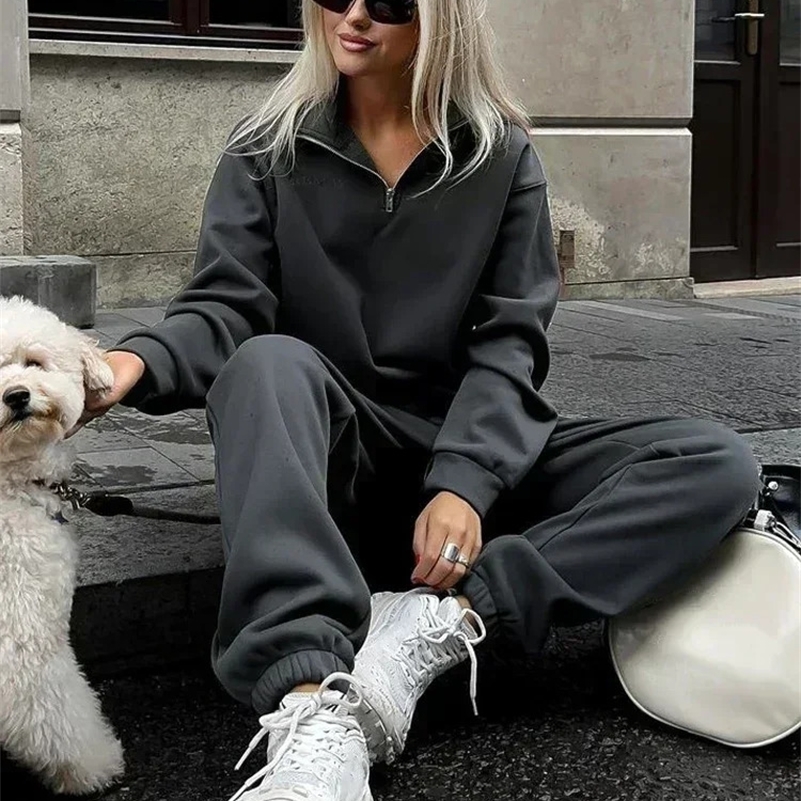 Autumn Womens Tracksuit with Zipper Cotton Oversize White Casual Two Piece Set Women Classic Sports Trouser Suits for Women 250322