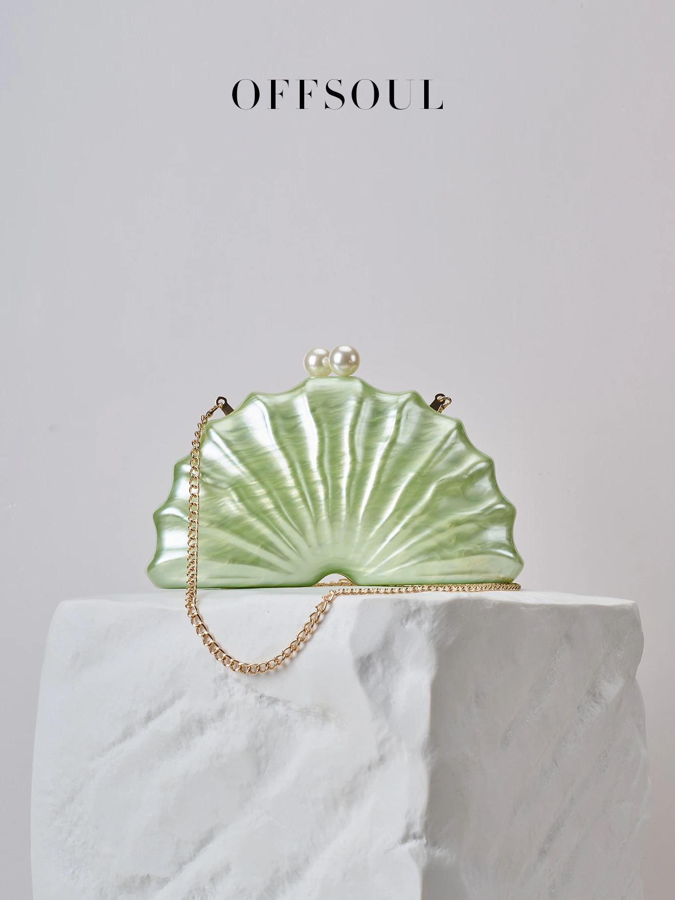 Vintage Lychee acrylic shell shape pearl detachable banquet clutch Versatile wedding dinner chain clutch 250320