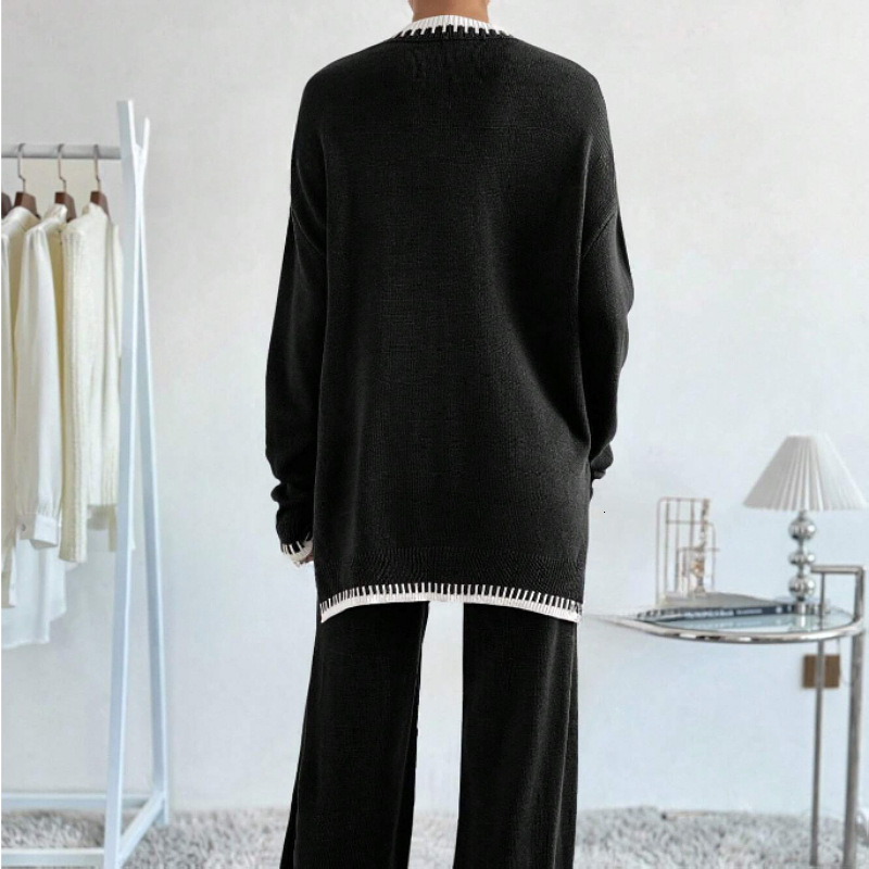 2025 Spring New Casual Women's Wear Color Contrasting Knitted Sweater Pants Two Piece Set
