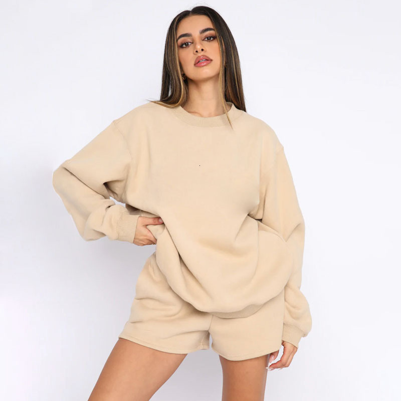 2025 Spring and Autumn Solid Color Round Neck Long Sleeve Hoodie Women's Fashion Casual Shorts Set