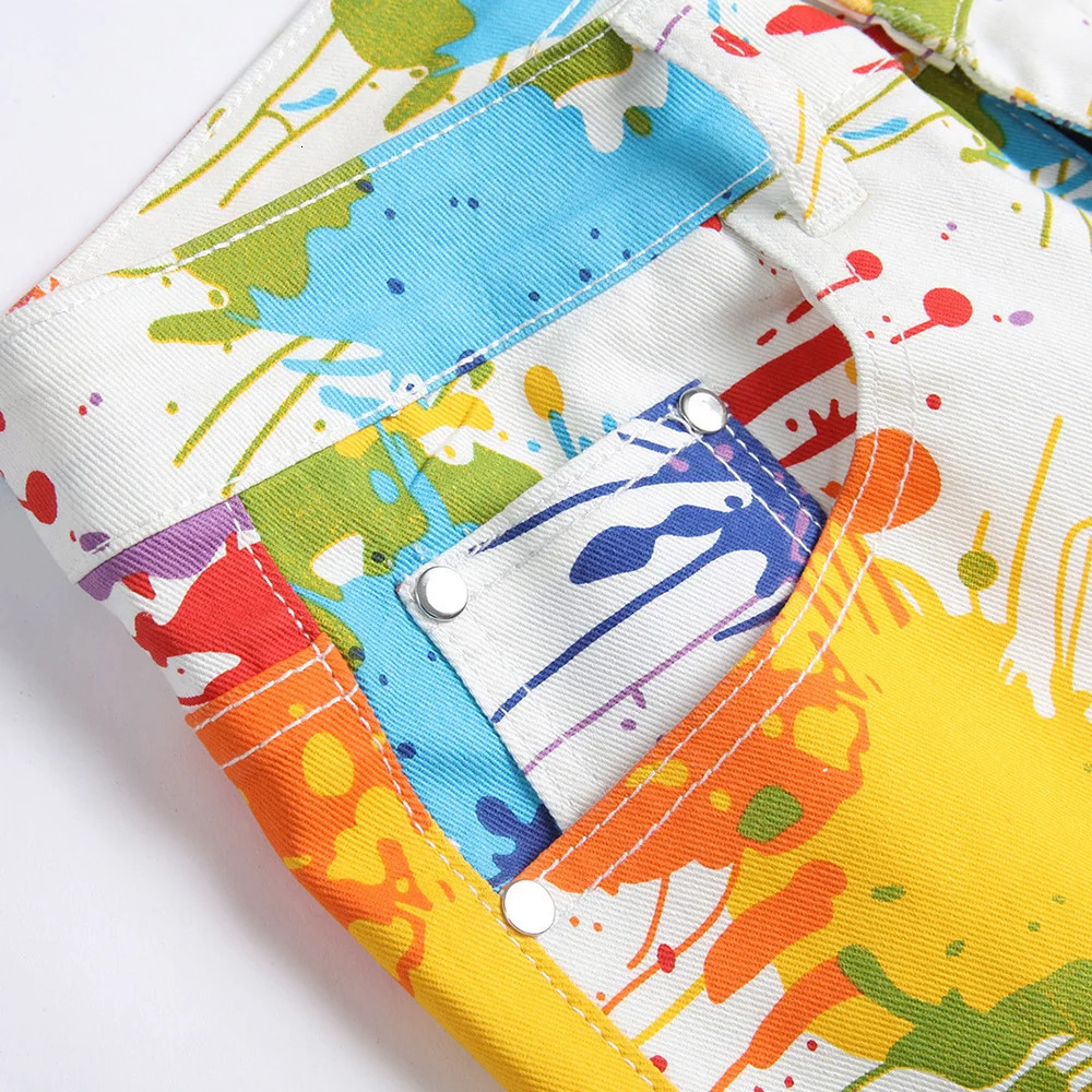 Mens Fancy Color Painted Shorts Summer Y2K Stretch Denim Breeches Digital Print White Jeans 250312