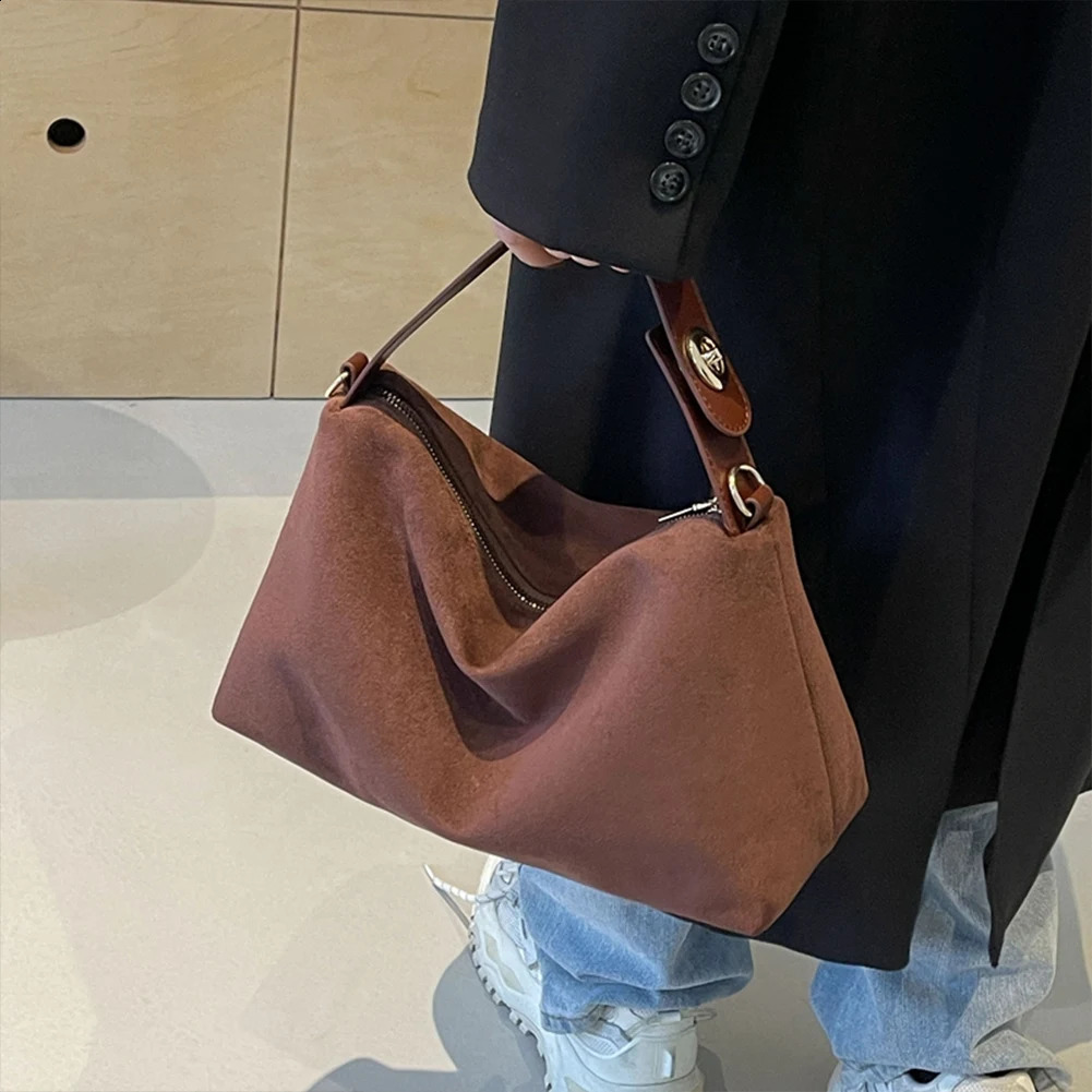Fashion autumn winter big Boston handbag soft matte suede cowhide womens shoulder cross body gray brown y250317