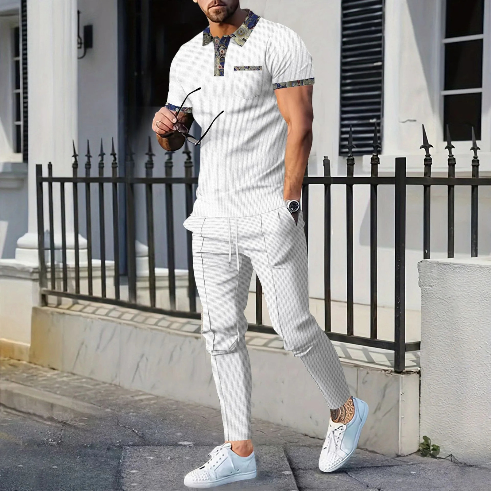 Summer Mens Casual waffle collar color matching pocket short sleeved casual pants set 250324