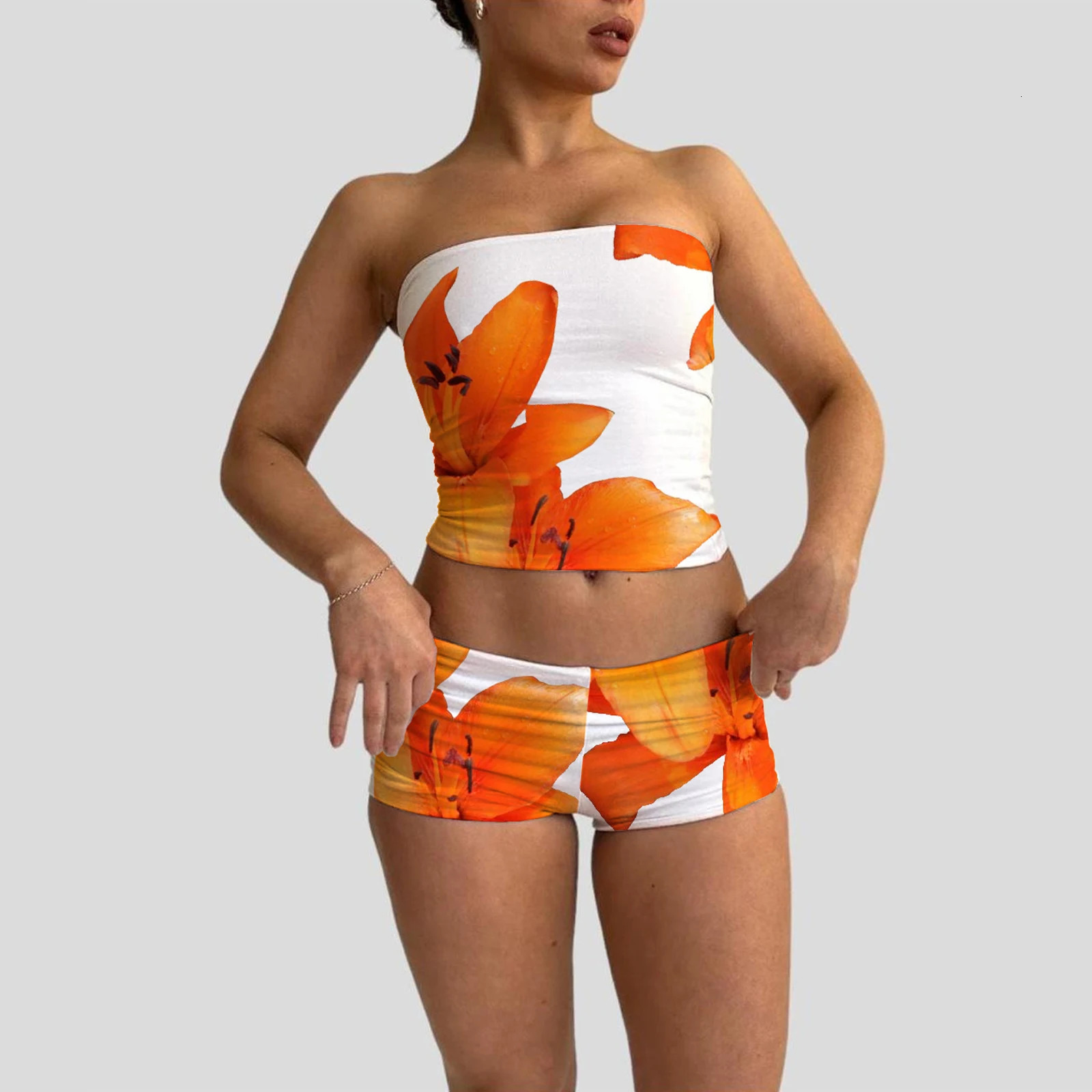 Combhasaki Womens Y2K 2Pieces Slim Fit Outfits Set Flower Print Strapless Tube Tops Elastic Low Waist Shorts Loungewear Suits 250318