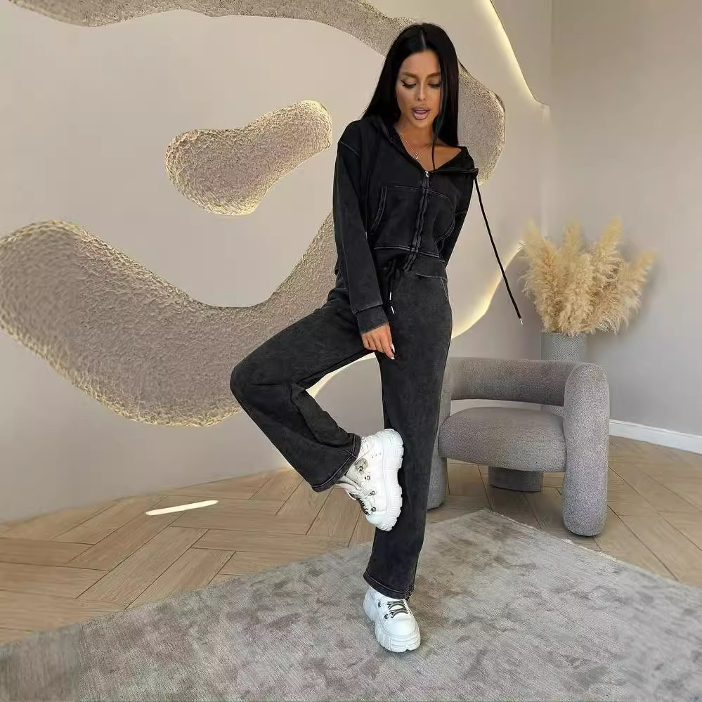 New vintage washed up hooded sweatshirt for women's high-end autumn straight leg pants solid color two-piece set